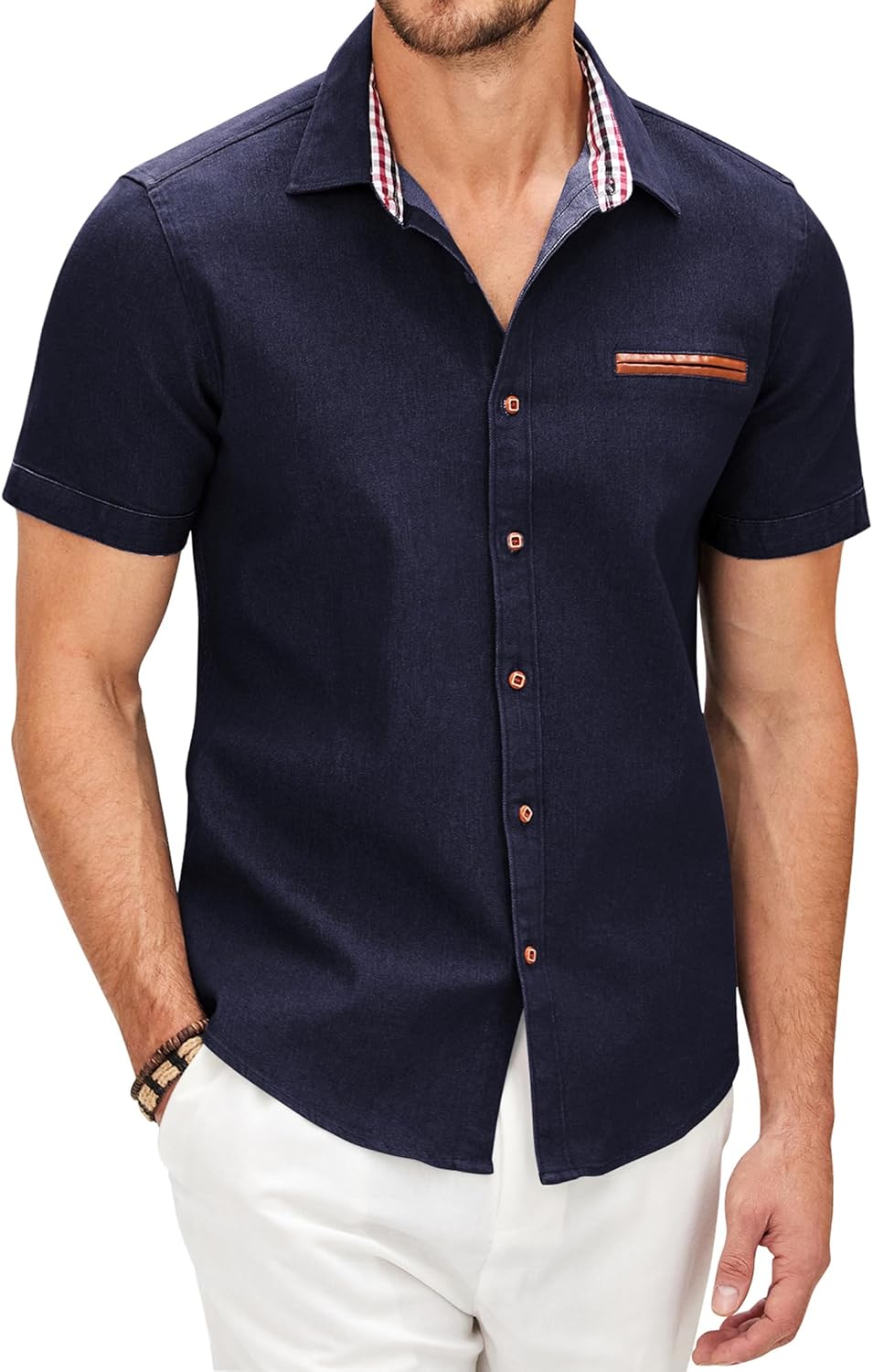 COOFANDY Jeanshemd Kurzarm Herren Hemd Cowboy-Style Knöpfen T Shirt Freizeit Kurzarm Denim Kariert K