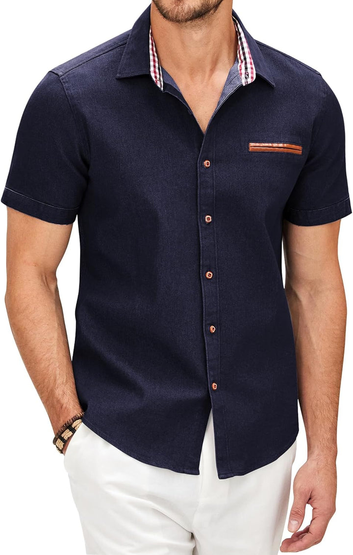 COOFANDY Jeanshemd Kurzarm Herren Hemd Cowboy-Style Knöpfen T Shirt Freizeit Kurzarm Denim Kariert K