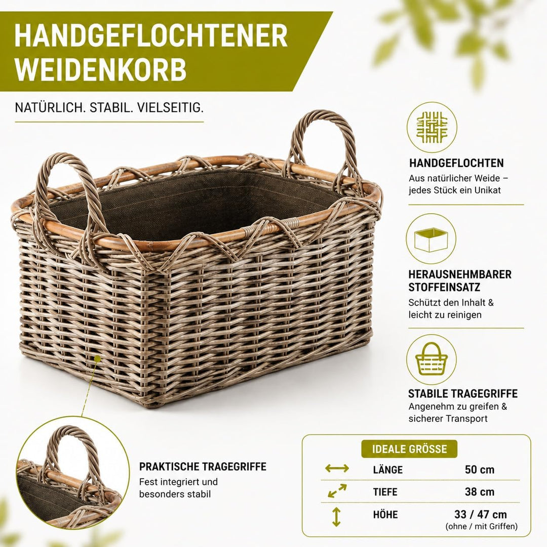 Kobolo Holzkorb Kaminkorb rechteckig Kubu grey - Rattan - Stoff dunkel Kubu Grau Stoff, Kubu Grau St