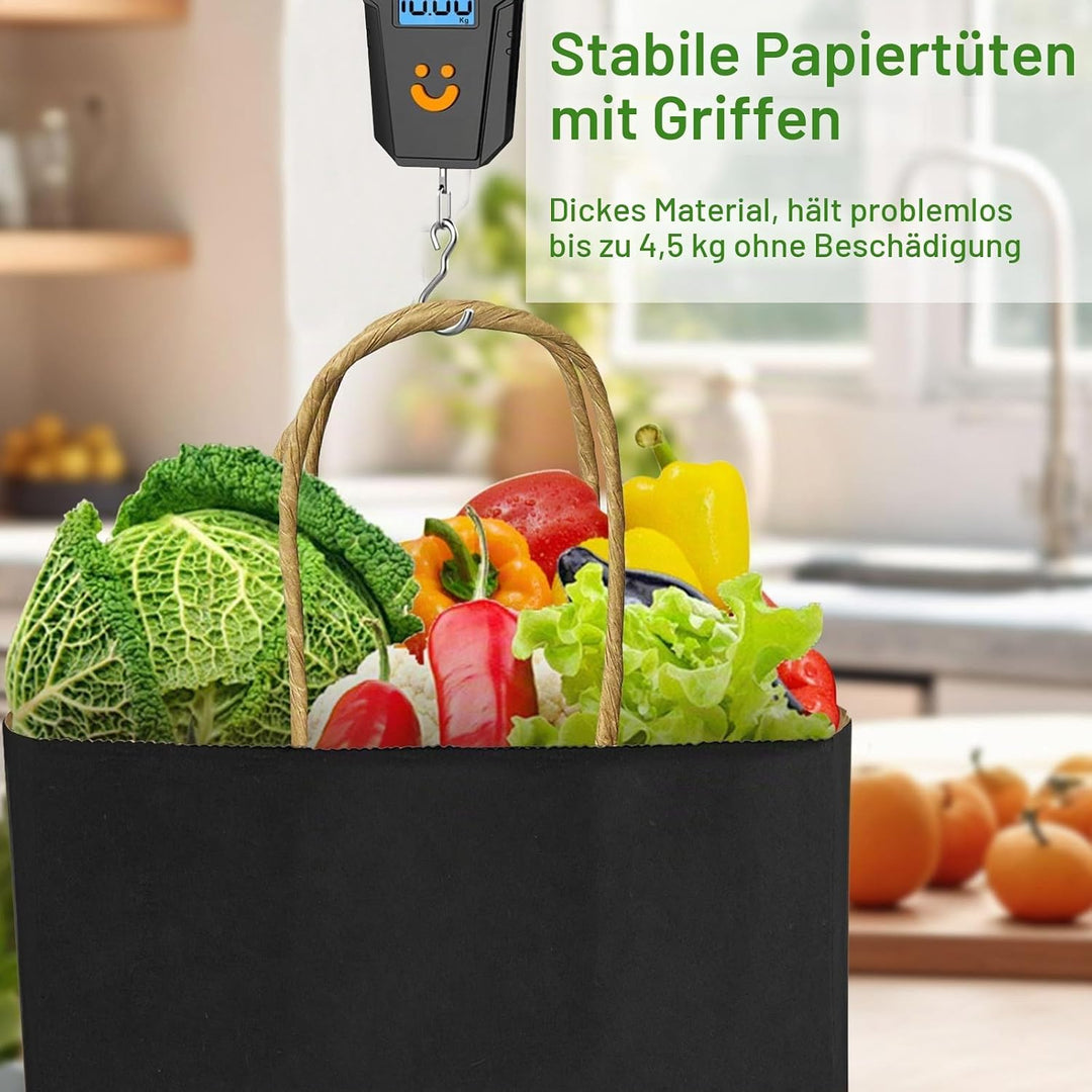 Gucass 50 Stück Gross Papiertüten mit Henkel, Schwarz Kraft Papiertaschen Geschenktüten, 26x12x33cm