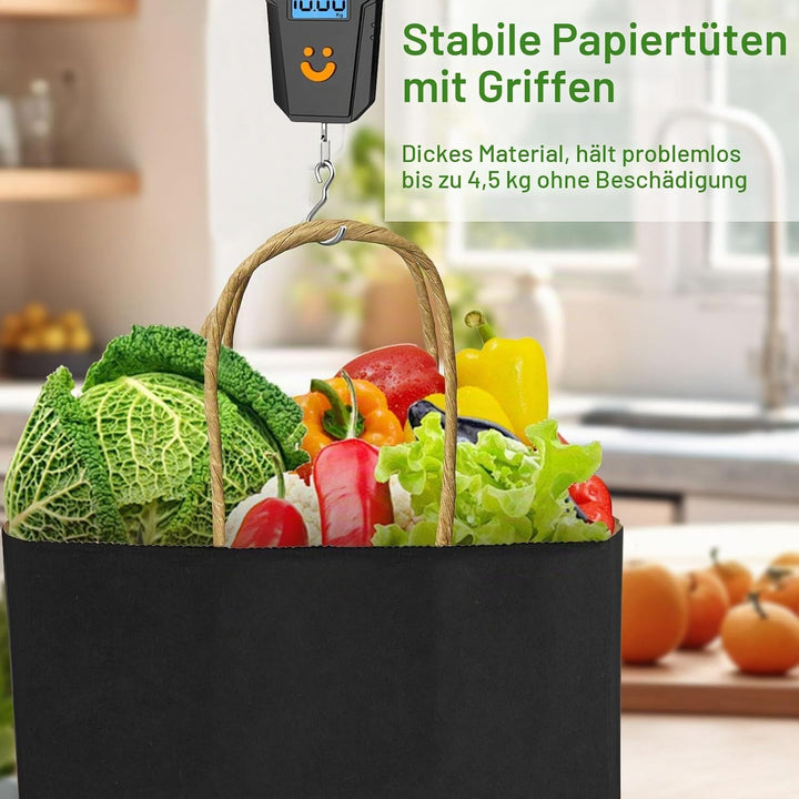 Gucass 50 Stück Gross Papiertüten mit Henkel, Schwarz Kraft Papiertaschen Geschenktüten, 26x12x33cm