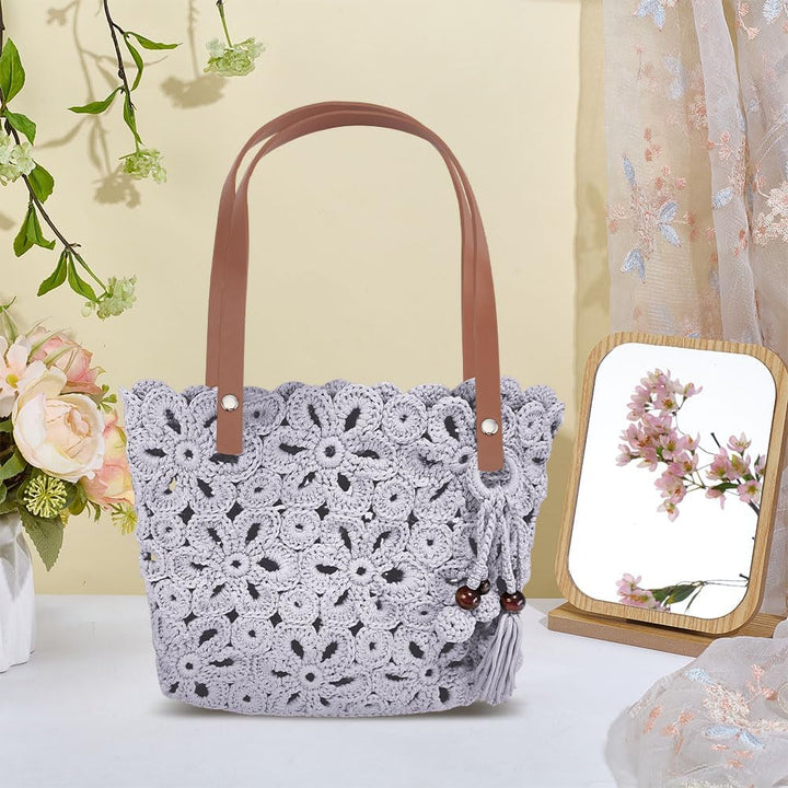 ORIGACH DIY Häkel Handtaschen Set Häkel Einkaufstasche Mit Ausgehöhlter Blume Basis Aus PU Leder Per