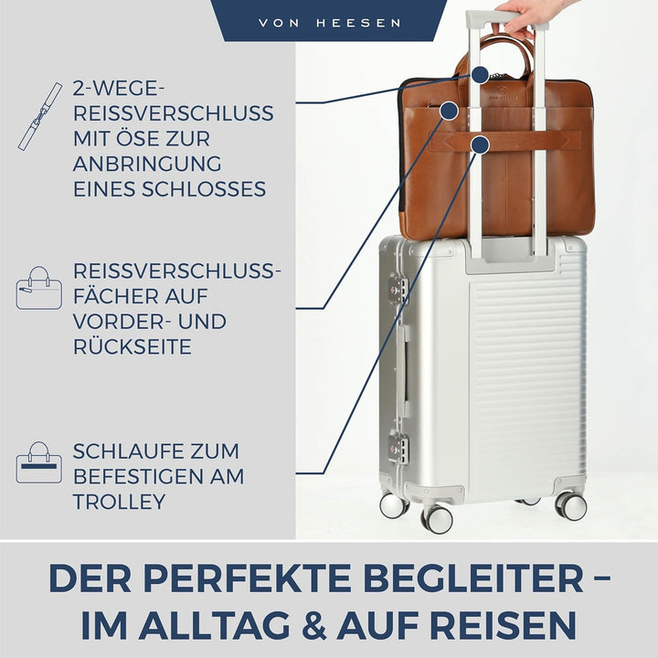 VON HEESEN Leder Aktentasche Laptoptasche bis 16 Zoll aus hochwertigem Nappa-Leder Cognac Braun (Gla