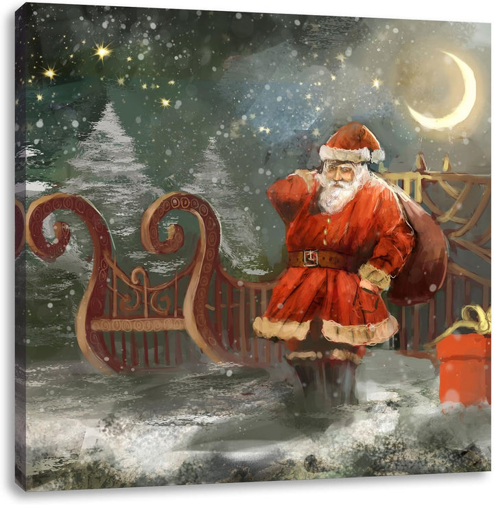 Pixxprint der erschöpfte Weihnachtsmann mit Geschenken, Format: 70x70 auf Leinwand, 70x70