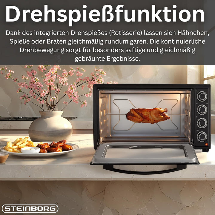 Steinborg® Mini Backofen 60 Liter mit Umluft & Drehspiess, 2000W Tischbackofen gross XXL, 100–230°C,