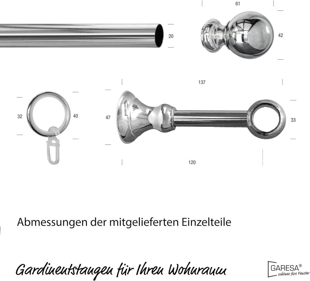 Garesa Gardinenstange Andrea Ø 20mm, 1-läufig, Chrom I Stabile Vorhangstange inkl. Ringe + Faltenleg
