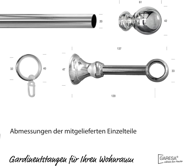 Garesa Gardinenstange Andrea Ø 20mm, 1-läufig, Chrom I Stabile Vorhangstange inkl. Ringe + Faltenleg