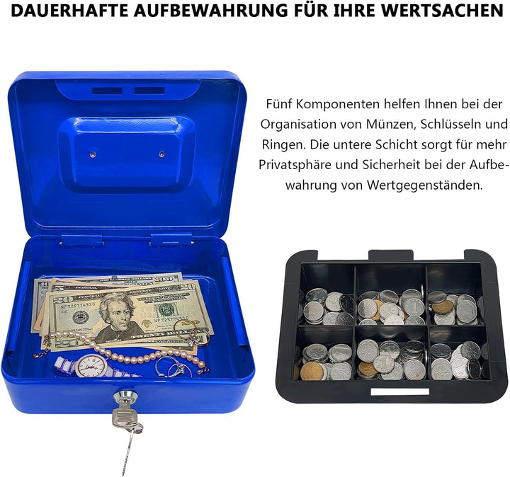 Stahlkassette mit Schlüsselschloss, Metall-Geldkassette mit Geldfach, Geldaufbewahrungsbox mit absch