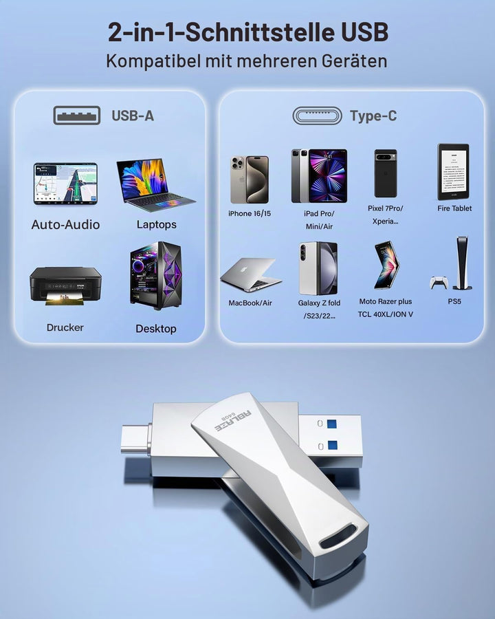 ABLAZE 64 GB USB C Stick, Dual USB 3.0 + Typ C, kompatibel mit iPhone 16/15, Android-Smartphones, Co