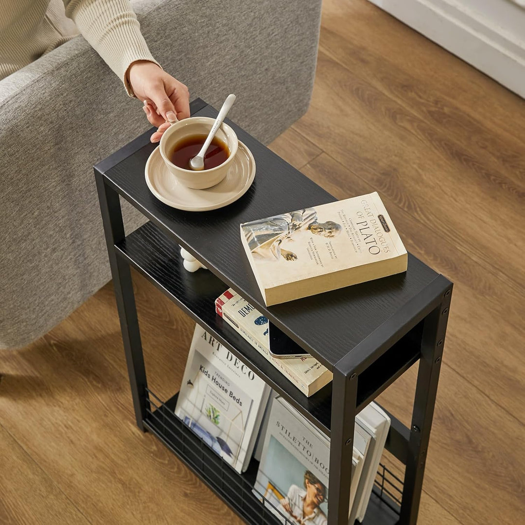 IBUYKE Kleiner Beistelltisch mit Zeitschriftenhalter,3 Etagen,Schmaler Beistelltisch mit Lagerregal,