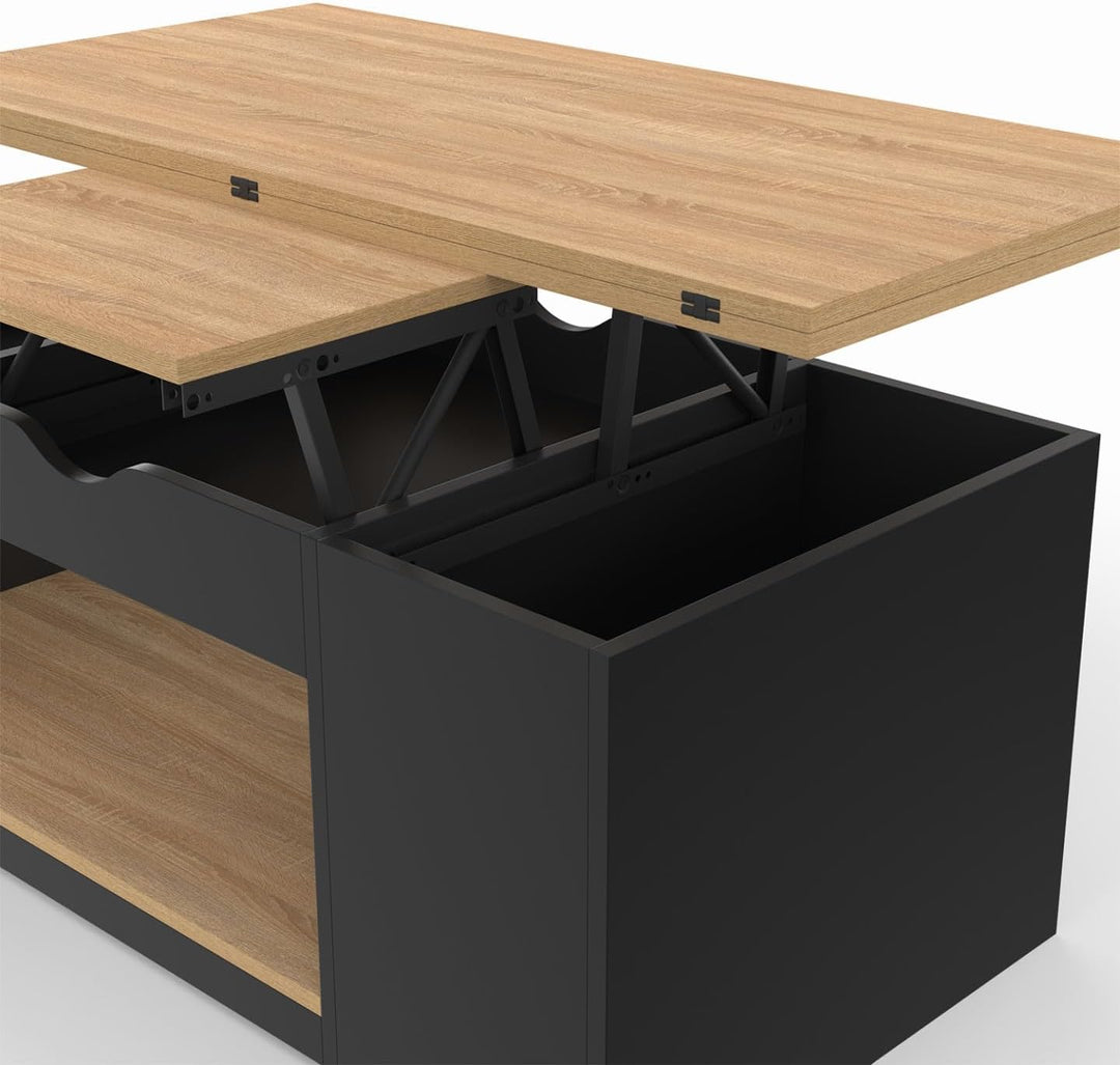 IDMarket - Rechteckiger, aufklappbarer Couchtisch, umwandelbar in einen Esstisch ELEA schwarzes Holz