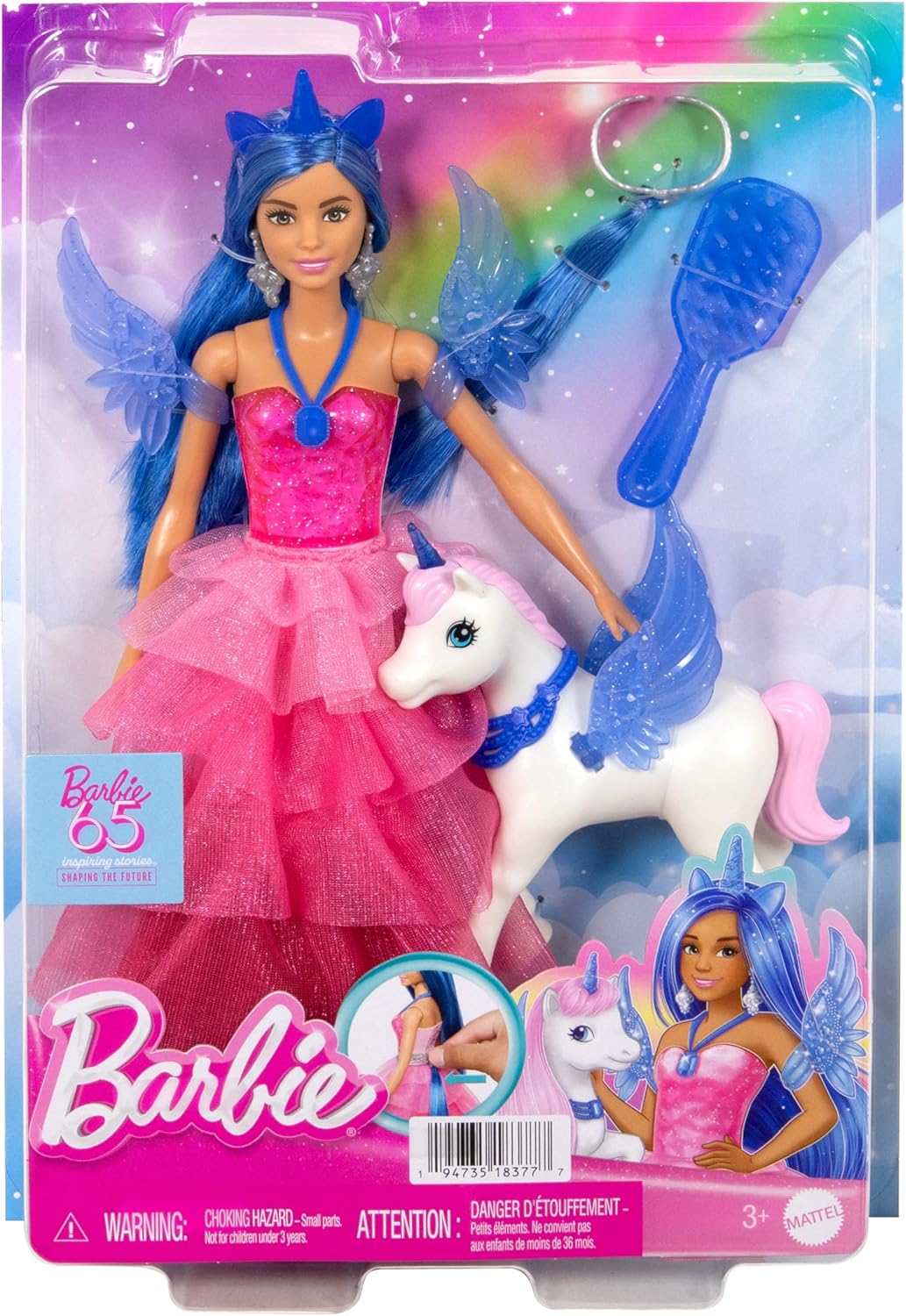 BARBIE Ein verborgener Zauber - Puppe mit Einhorn, pinkfarbenes Kleid mit Saphirblauen Details, Einh
