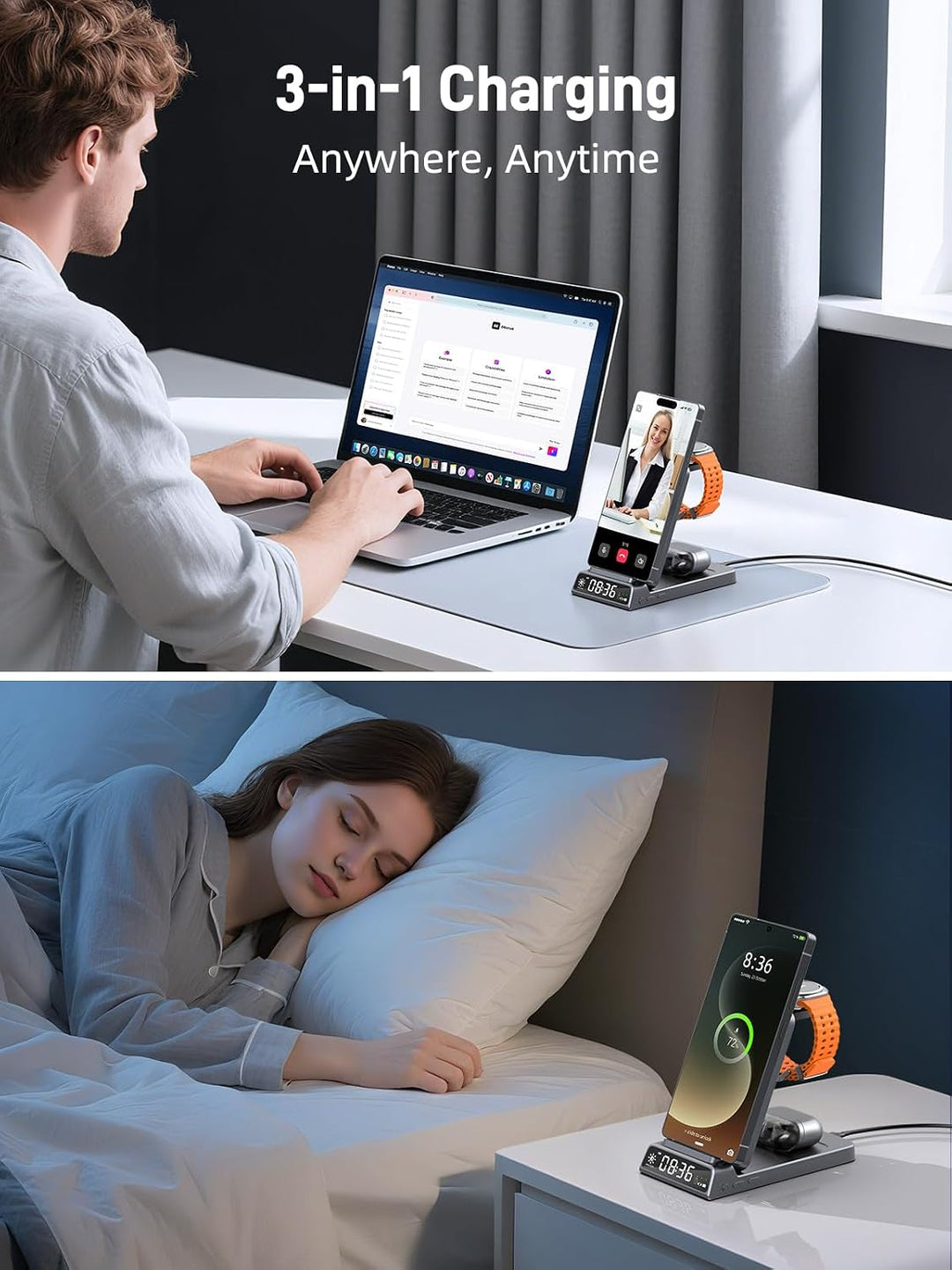3 in 1 Drahtloses Ladegerät für Samsung Ladestation mit Uhr, Faltbare, Grau | Ladestation für Samsun