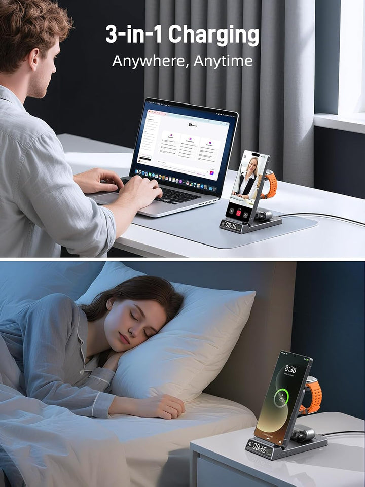 3 in 1 Drahtloses Ladegerät für Samsung Ladestation mit Uhr, Faltbare, Grau | Ladestation für Samsun
