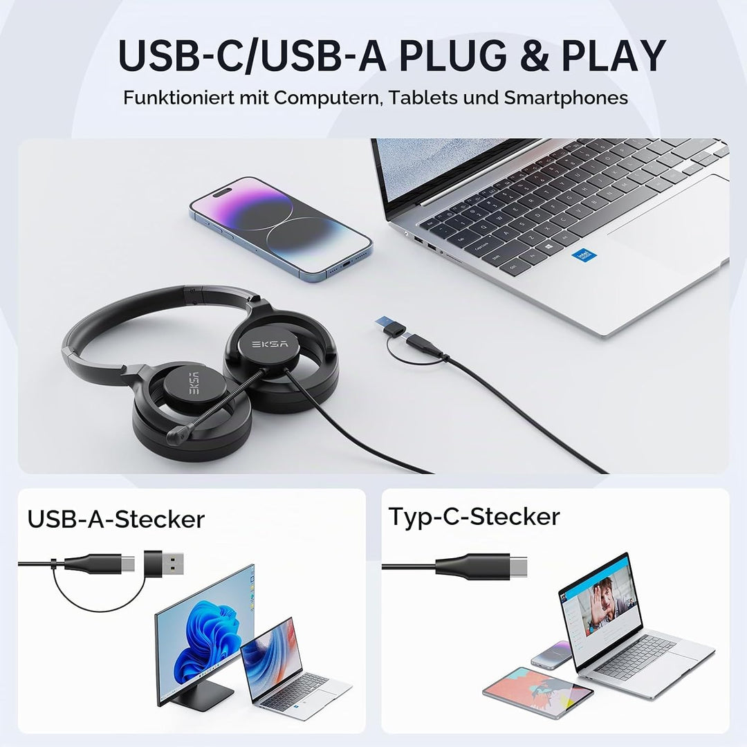 EKSA H27 PC Headset mit Mikrofon, Open-Ear Headset mit Kabel, Headset mit Geräuschunterdrückung, USB