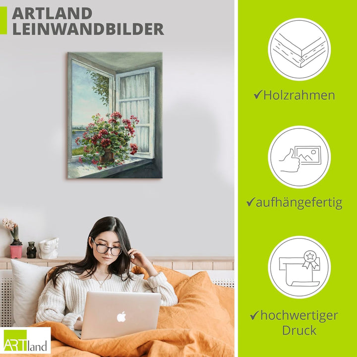 Artland Leinwandbild Wandbild Bild auf Leinwand 60x80 cm Wanddeko Fensterblick Fenster Blumen Botani