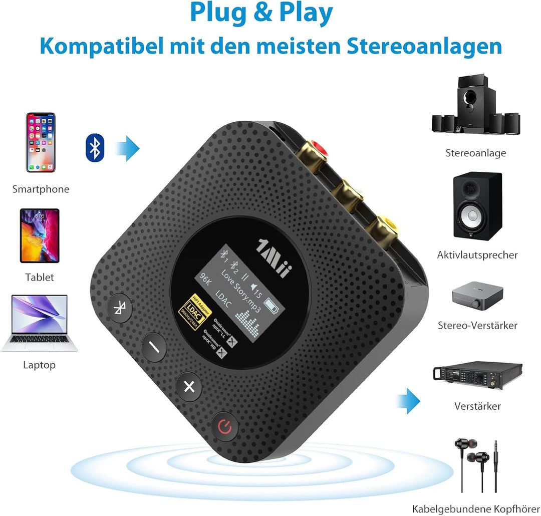 1Mii B06HD+ Hi-Res Bluetooth 5.1 Musik Empfänger für Stereoanlage mit LDAC, HiFi Bluetooth Adapter m