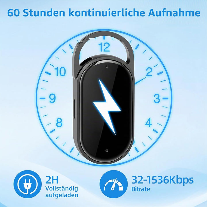 64 GB Digitales Diktiergerät - tragbarer Mini-Digitaler Audio-Aufnehmer mit Spracherkennung und MP3,