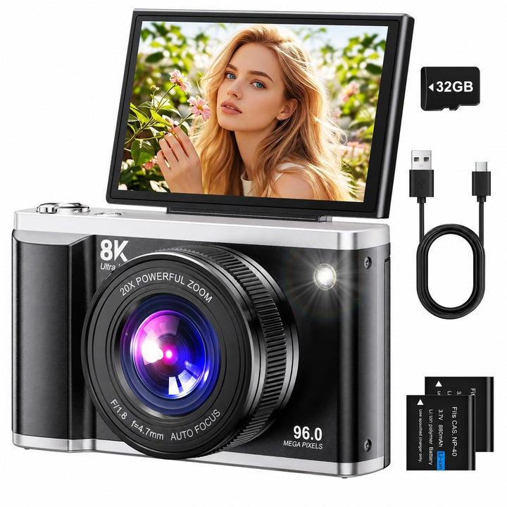 Digitalkamera 8K 96MP mit WLAN, 20X Digitalzoom, Autofokus-Fotokamera mit Anti-Shake, 3,5'' 180° Kla
