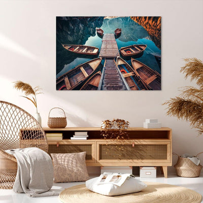 Bilder auf Leinwand 100x70cm Leinwandbild mit Rahmen Berge Boot Wasser Gross Wanddeko Bild Schlafzim