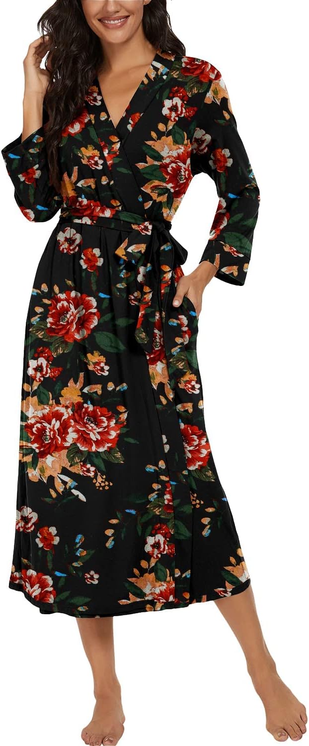 PrinStory Damen Bademantel Leichter 3/4 Ärmeln Morgenmantel V-Ausschnitt Kimono Roben Langes Nachtwä