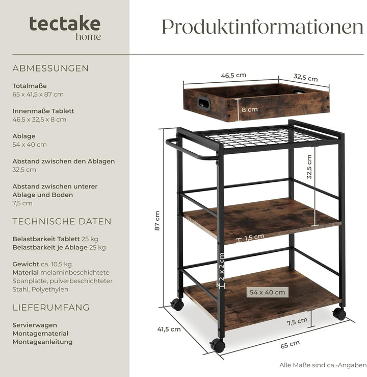 tectake® Servierwagen mit Rollen, abnehmbares Tablett, Kitchen Trolley 65 x 41,5 x 87 cm, Küchenwage