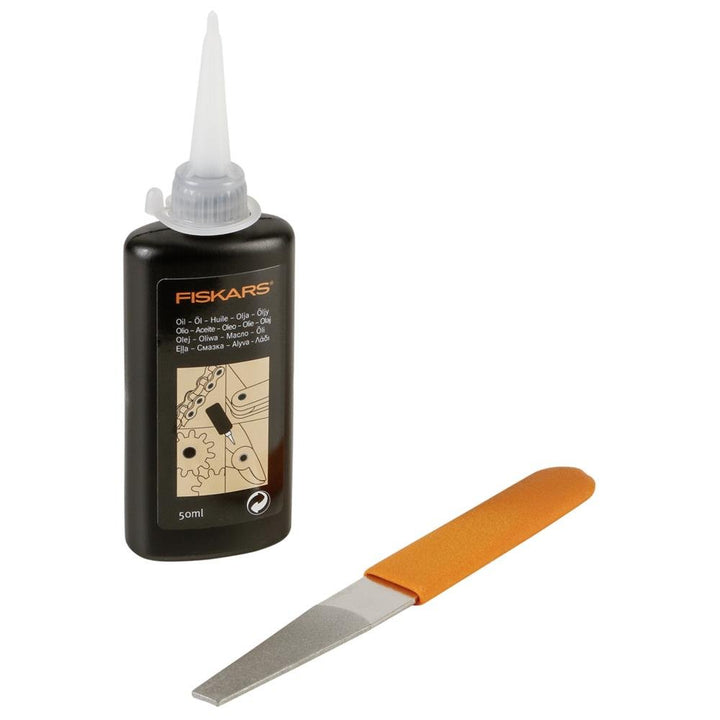 Fiskars Pflegeset für Gartenschneidgeräte, Mit Diamantfeile, Öl und Pflegeanleitung, 1001640