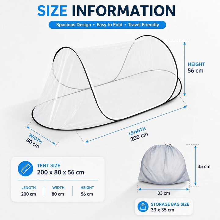 Faltbares Moskitonetz Bett, Pop-Up Mosquito Netz Bett, Mückennetz Reise 200 x 80 x 56cm, Tragbares C