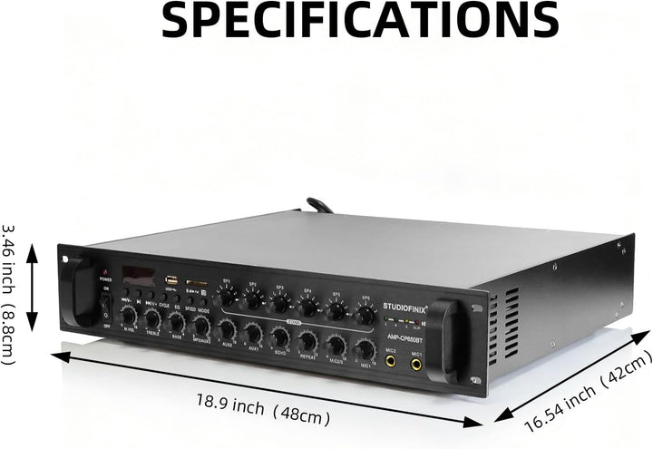 STUDIOFINIX Gewerblicher Bluetooth-Verstärker 650W 6 Zonen 70V, 2U Rack-Einbau, 3 Mikrofoneingänge m