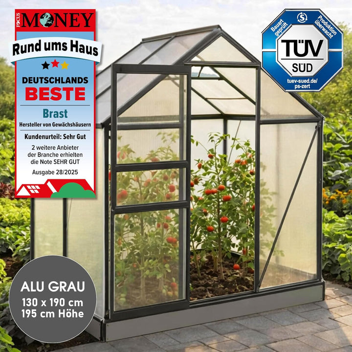 BRAST® Gewächshaus Aluminium mit Fundament rostfrei 40 Modelle 130x190x195cm - 490x250x235cm 6mm Pla
