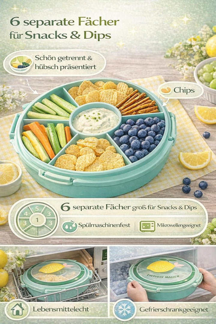 Rice Serviertablett rund Ø 32 cm mit Deckel & Tragegriff – Snack- & Partyplatte mit Fächern, BPA-fre