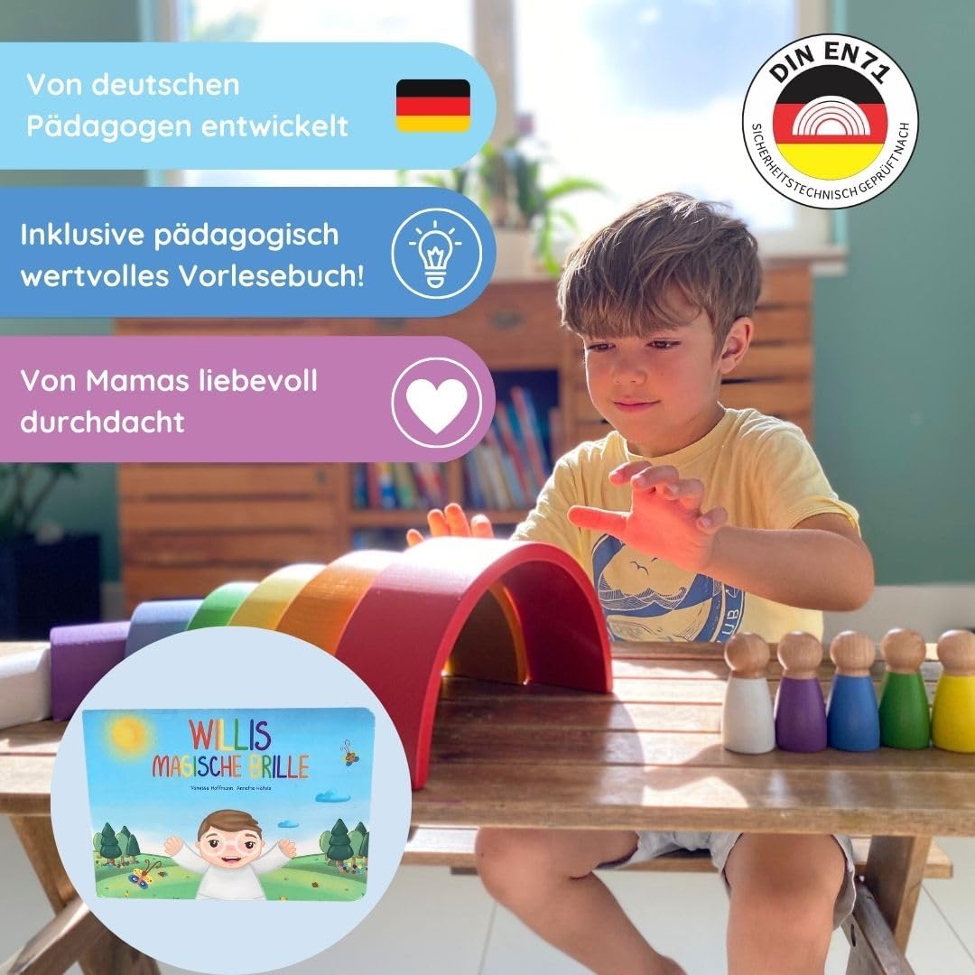 Montessori Holz-Regenbogen aus Buchenholz mit Figuren & Buch – pädagogisch wertvolles Lernspielzeug