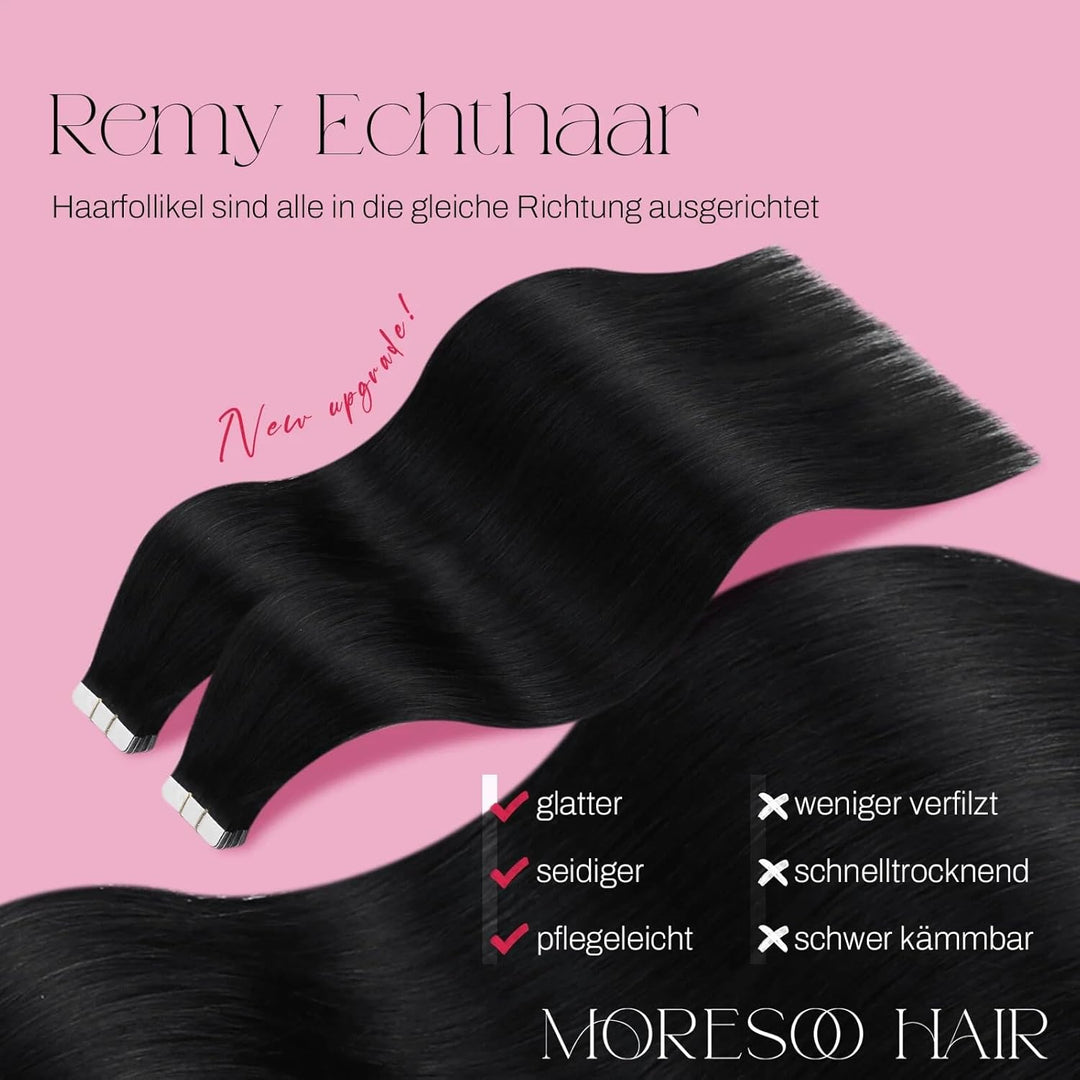 Moresoo Schwarz Tape in Extensions Echthaar Remy Extensions Echthaar Tape Schwarz Haarverlängerung E