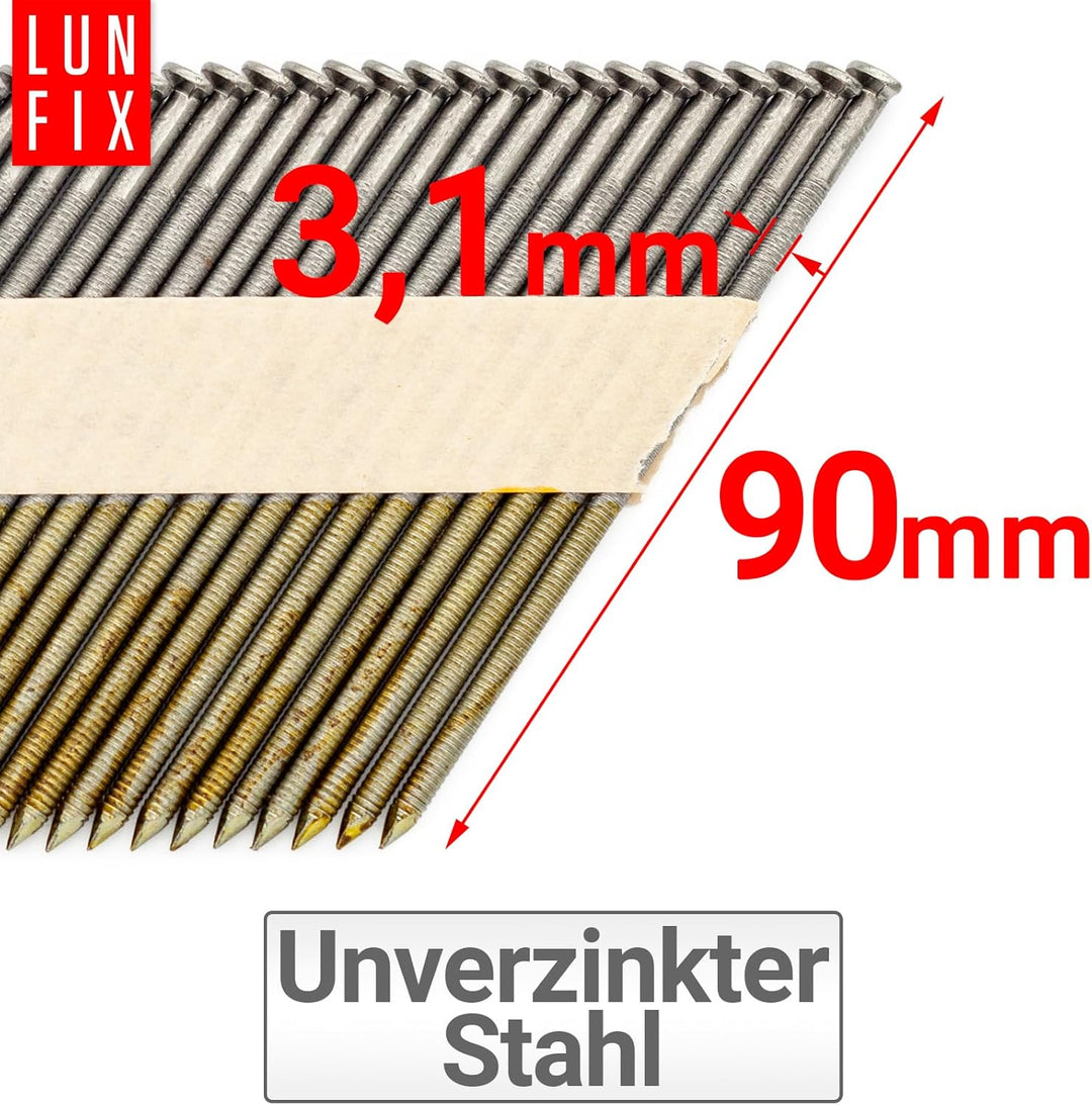 34° Ringschaftnägel 3,1x90 mm aus Stahl unverzinkt, papiergebunden auf Streifen – Packung 2000 Stk.