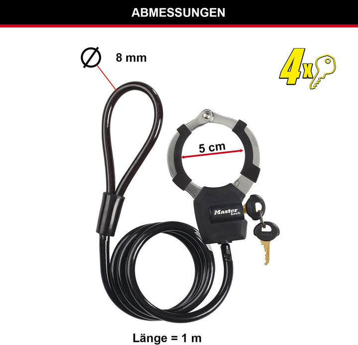 Master Lock Kabelschloss mit Schlüssel, 1 m, Ideal für Scooter Roller, Fahrrad, Kinderwagen, Sportau