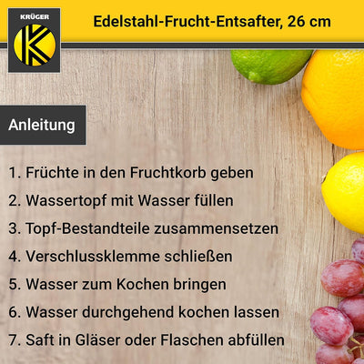 Krüger Edelstahl-Frucht-Entsafter 26cm - schonendes Entsaften von Obst und Gemüse - nach Dampfentsaf