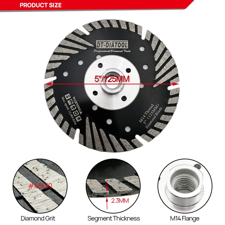 DT-DIATOOL Diamant Trennscheibe 2 Stücke 125 mm x M14 Turbo Sägeblatt mit Schutzzähne zum Schneiden