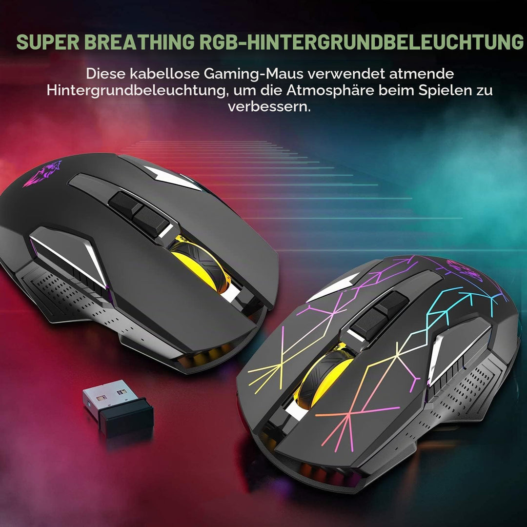 Kabellose Gaming-Maus, 2400 DPI, Seitentaste, USB Empfänger, Atmung RGB-Beleuchtung, 7 Tasten Lautlo