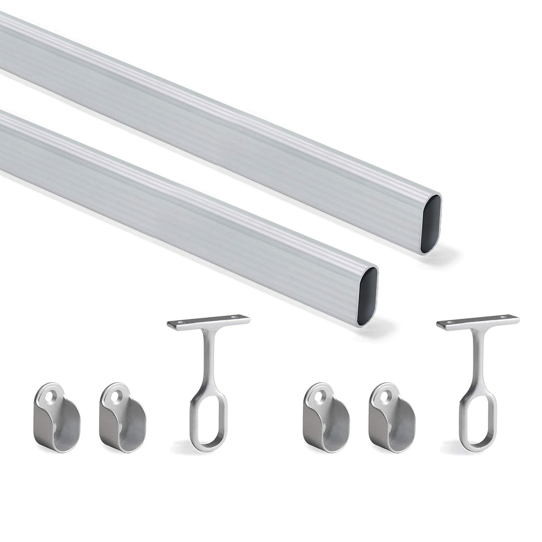 Emuca - Kit ovale Kleiderschrankstange 1150mm und Stützen, Matt eloxiert, 2 Stück L1150 mm Ovalrohr