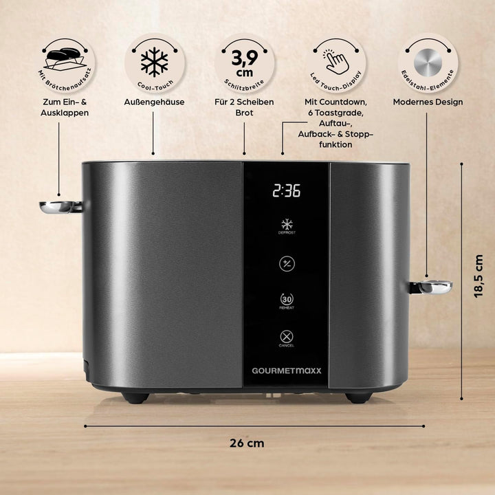 GOURMETmaxx Toaster Kurzschlitz für 2-Scheiben | Toaströster Anthrazit mit 6 Bräunungsgraden und Rea