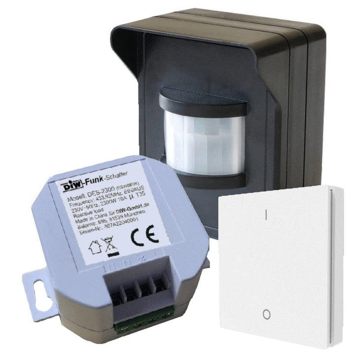 PD-548 DIW-FUNK Set Bewegungsmelder IP44 mit Funk-Einbau Empfänger 230V Funkschalter + Funk-Wandsend