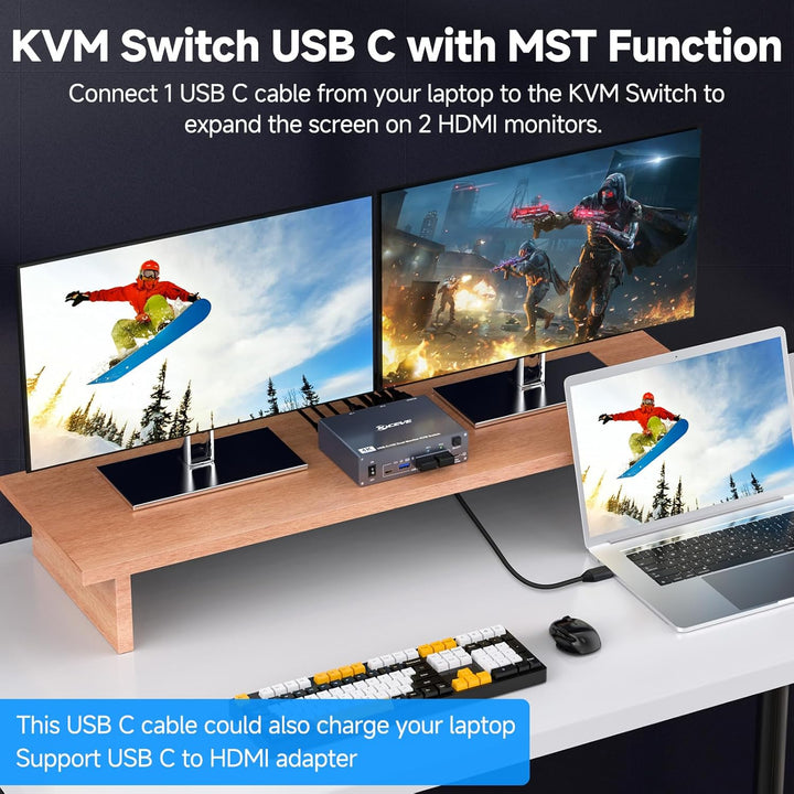 4K KVM Switch 2 Monitore für 1 Laptop 1 Desktop, USB 3.0 KVM Switch 2 PC 2 Monitore USB C, 4K@60Hz,