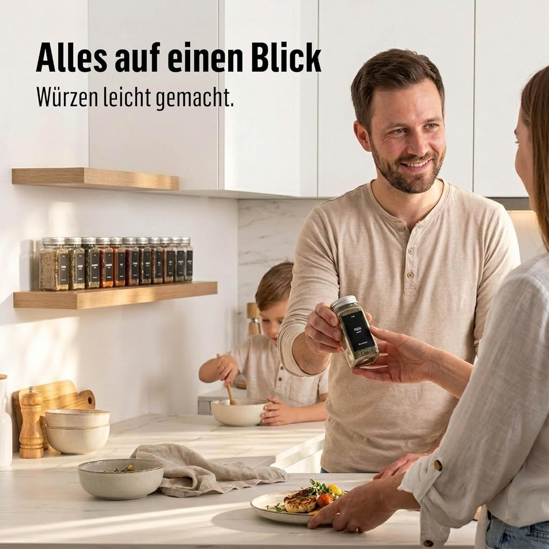 Deco haus® Gewürzgläser eckig mit Schraubkappe 12er Set [+Etiketten & Streueinsatz] - Gewürzdosen Se