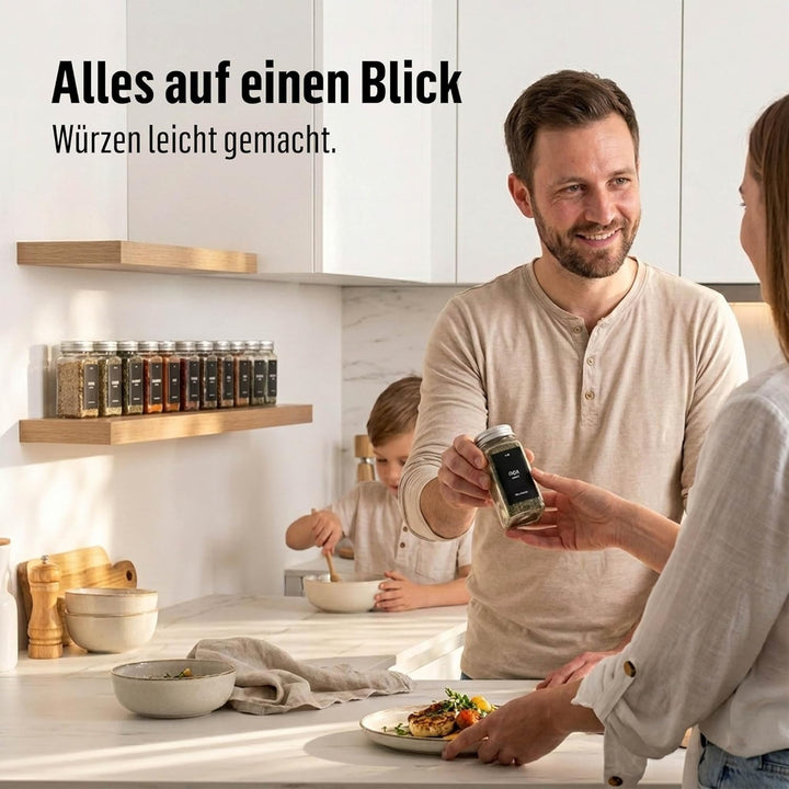 Deco haus® Gewürzgläser eckig mit Schraubkappe 12er Set [+Etiketten & Streueinsatz] - Gewürzdosen Se