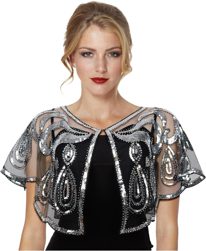 keland Damen Festlich Pailletten Umhang Schal Schultertuch Stola Tuch für Abendkleid X-schwarz & Sil
