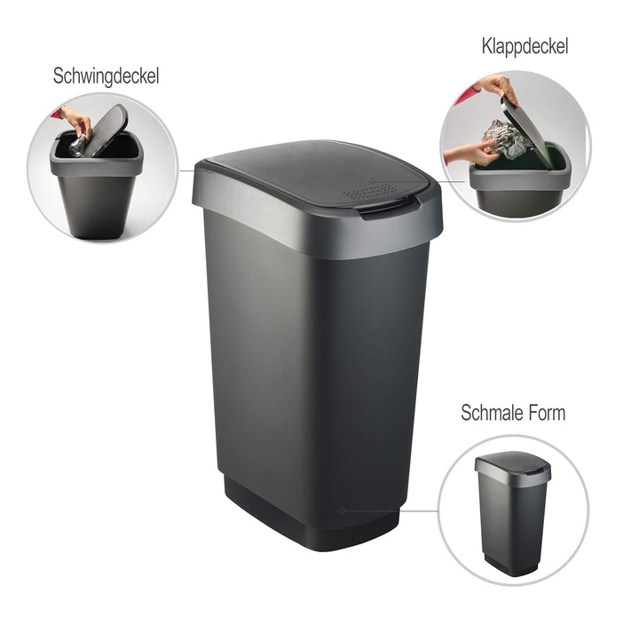 Rotho Twist Mülleimer 50l mit Deckel, als Schwing oder Klappdeckel nutzbar, Kunststoff (PP) BPA-frei