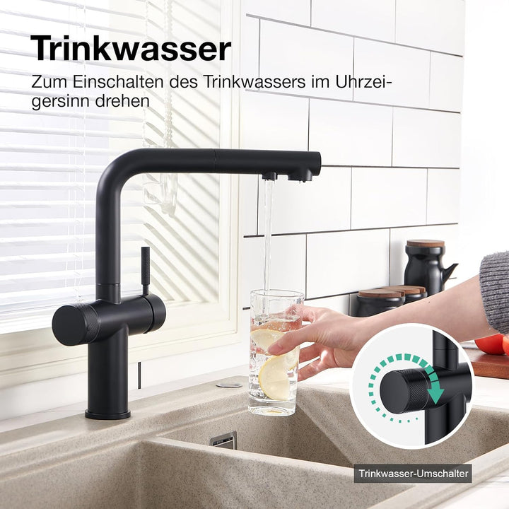 Faustina 3 Wege Küchenarmatur mit Brause ausziehbar, Doppelhebel Armatur Wasserhahn Spültischarmatur