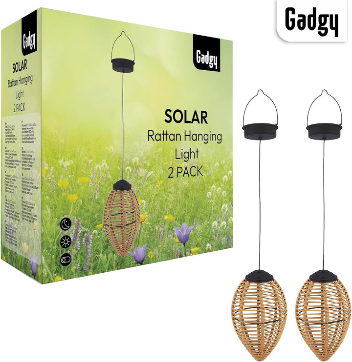 Gadgy Rattan Solarleuchten für Aussen – 2er Set LED Hängelaternen aus Rattan – Dekorative Gartenbele