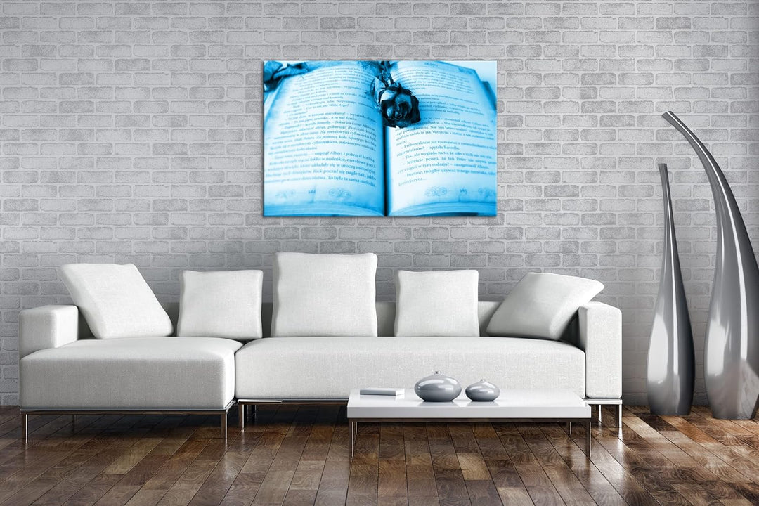 deyoli altes Buch mit roter Rose Format 80x60 Effekt: Monocrome Blau als Leinwandbild, Motiv fertig