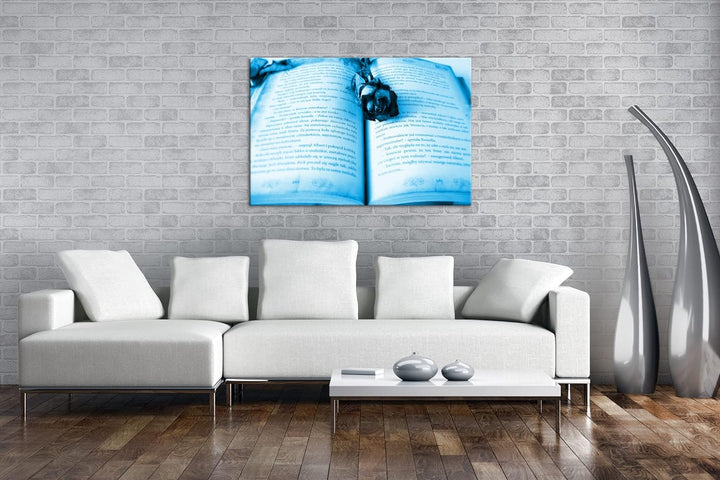 deyoli altes Buch mit roter Rose Format 80x60 Effekt: Monocrome Blau als Leinwandbild, Motiv fertig